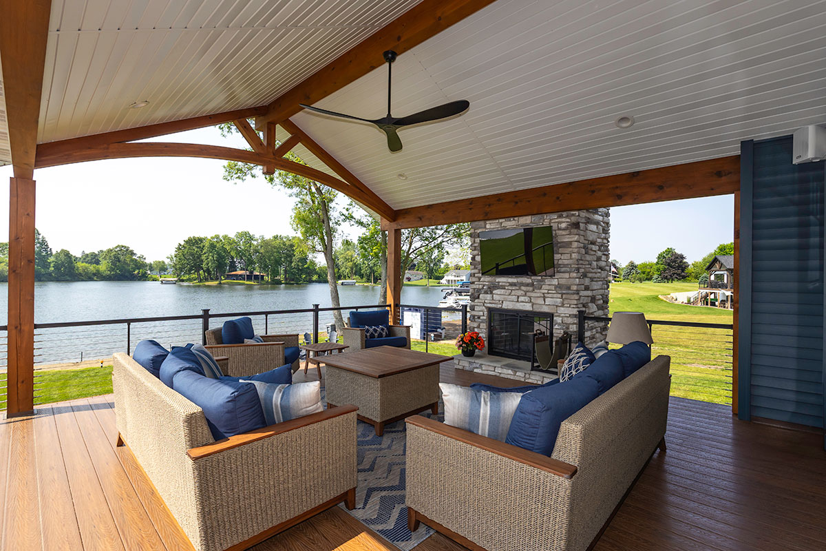 seating area on balcony deck overlook lake