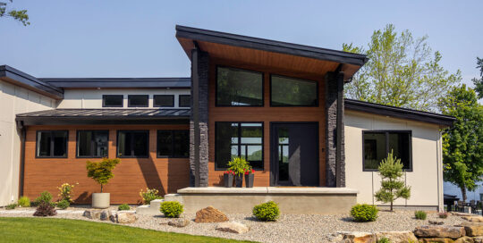 photo of modern lake house entry (exterior)