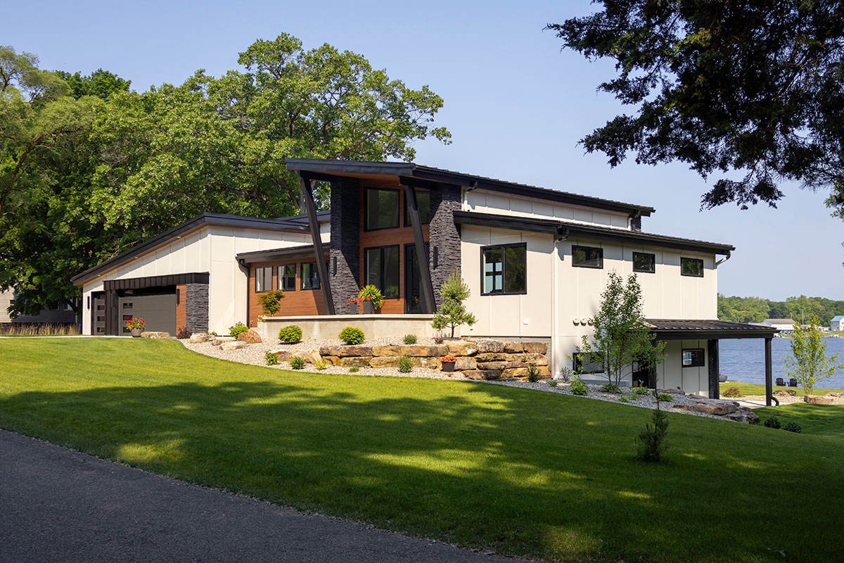 photo of modern lake house front facade
