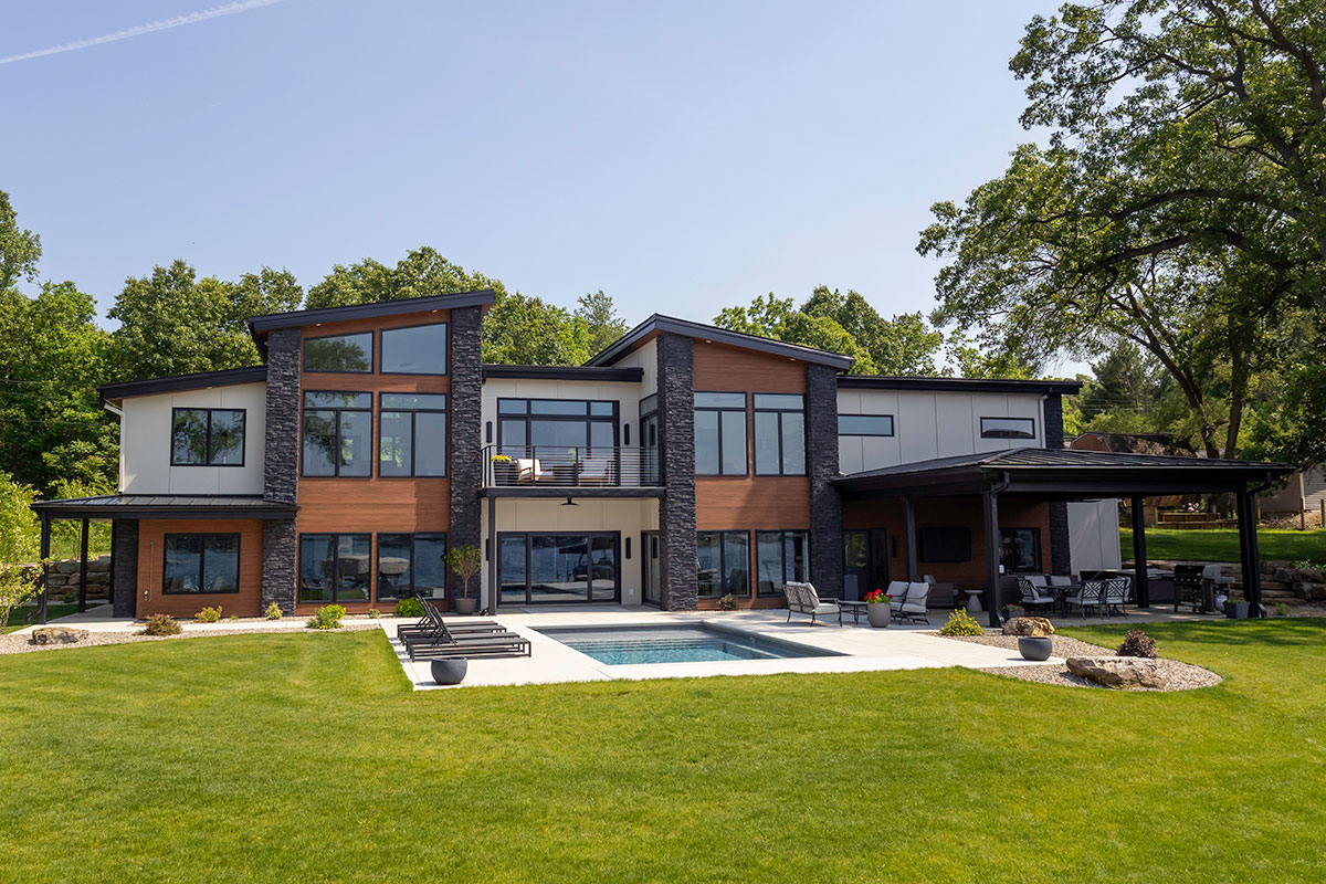 photo of modern lake house rear facade