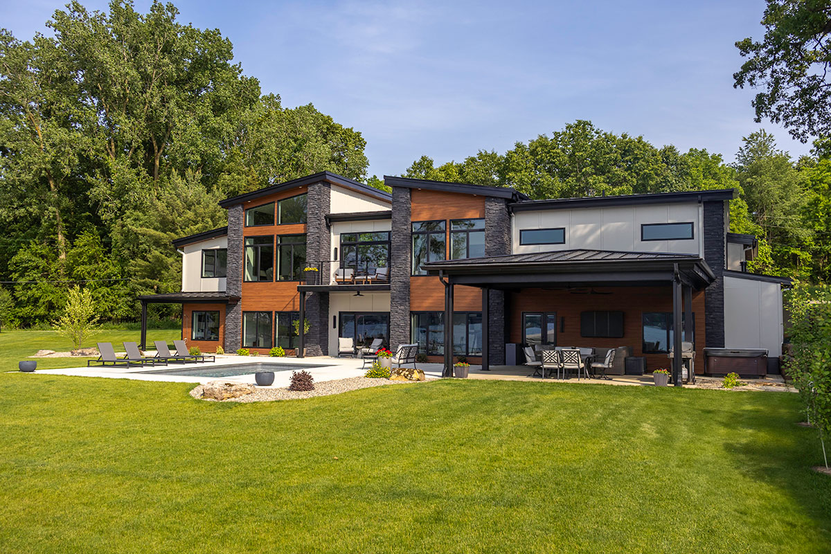 photo of modern lake house rear facade